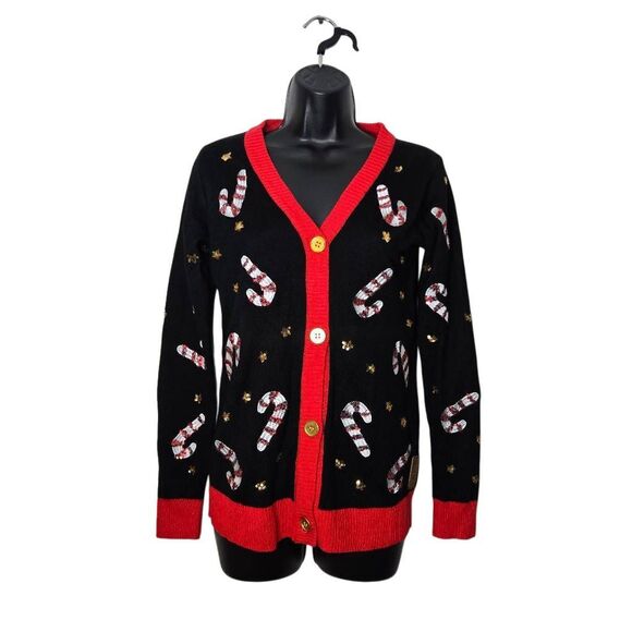 Tipsy Elves Ugly Christmas Sweater Cardigan Sz Small  Candy Cane Sequin Holiday - Picture 1 of 5